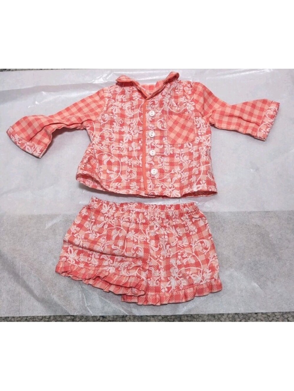 American Girl Doll Gingham Floral Ruffle Shorts & Long Sleeve Shirt Set(1379)